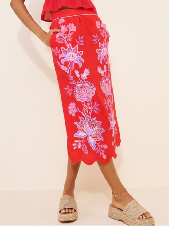 FARM Rio Dresses & Skirts - FARM Rio Porcelain Garden Red Motif Linen Blend Scalloped Midi Skirt S